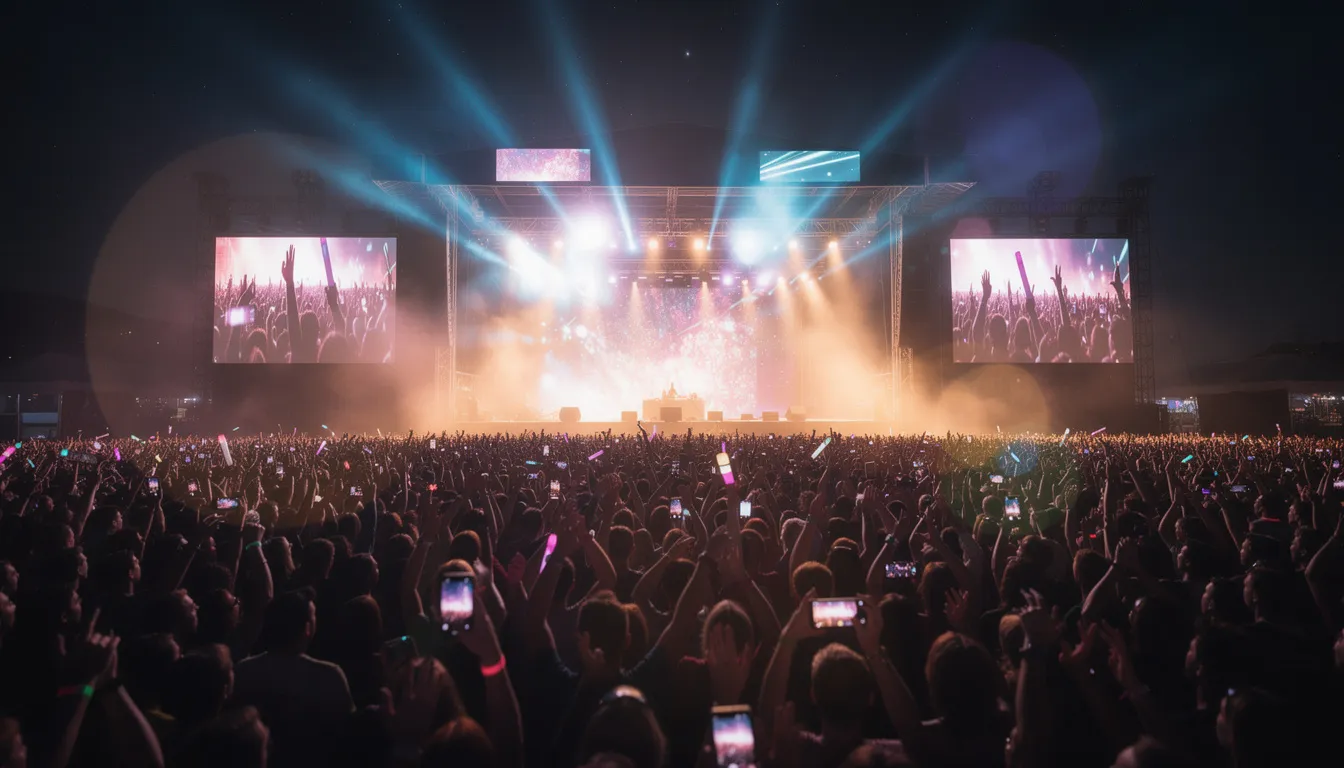 A massive crowd gathers at an outdoor festival at night, illuminated by vibrant stage lights as people raise their hands, immersed in the energetic atmosphere of techno music and electronic dance music. The scene captures the excitement of a rave, with attendees enjoying the beats from renowned DJs and celebrating the dance sound that defines the festival.