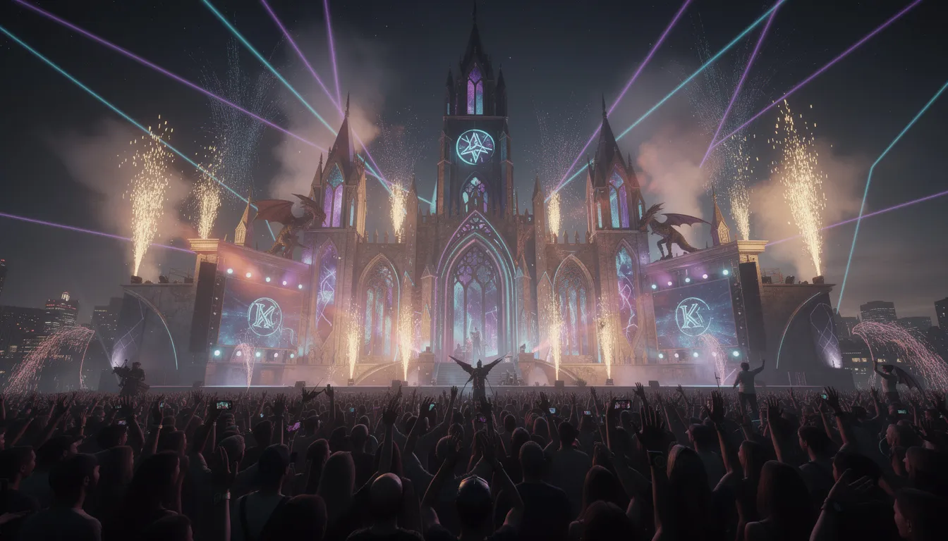 A massive crowd of enthusiastic festival-goers gathers in front of a stunning fantasy-themed stage, illuminated by vibrant laser lights and accompanied by explosive pyrotechnics, creating an immersive experience at this year's biggest rave in the world. The night is filled with the energy of electronic music, as fans of various genres come together to celebrate the magic of the festival.