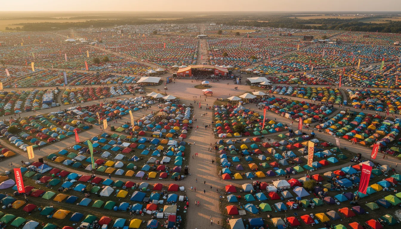 An aerial view of a vibrant festival campground showcases a sea of colorful tents arranged in geometric patterns, creating a lively atmosphere for music lovers attending the biggest rave in the world. This immersive experience draws festival goers from across the globe, eager to enjoy the diverse lineup of electronic music and dance music artists.