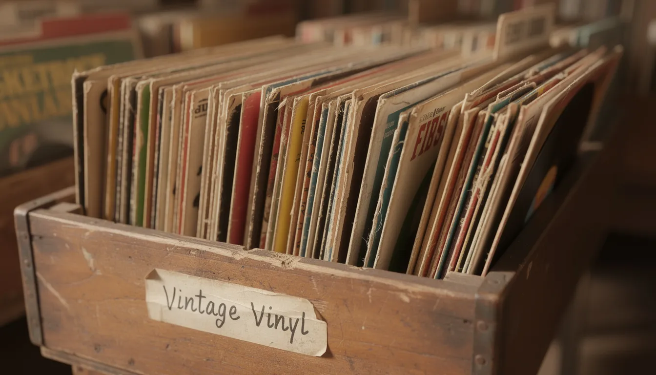 The image shows a collection of vintage vinyl records stacked in a crate at a record store, showcasing various genres including house music, with potential titles from deep house to disco music. The texture of the album covers and the nostalgic atmosphere evoke a rich history of electronic dance music, inviting music lovers to explore classic house tracks and artists.