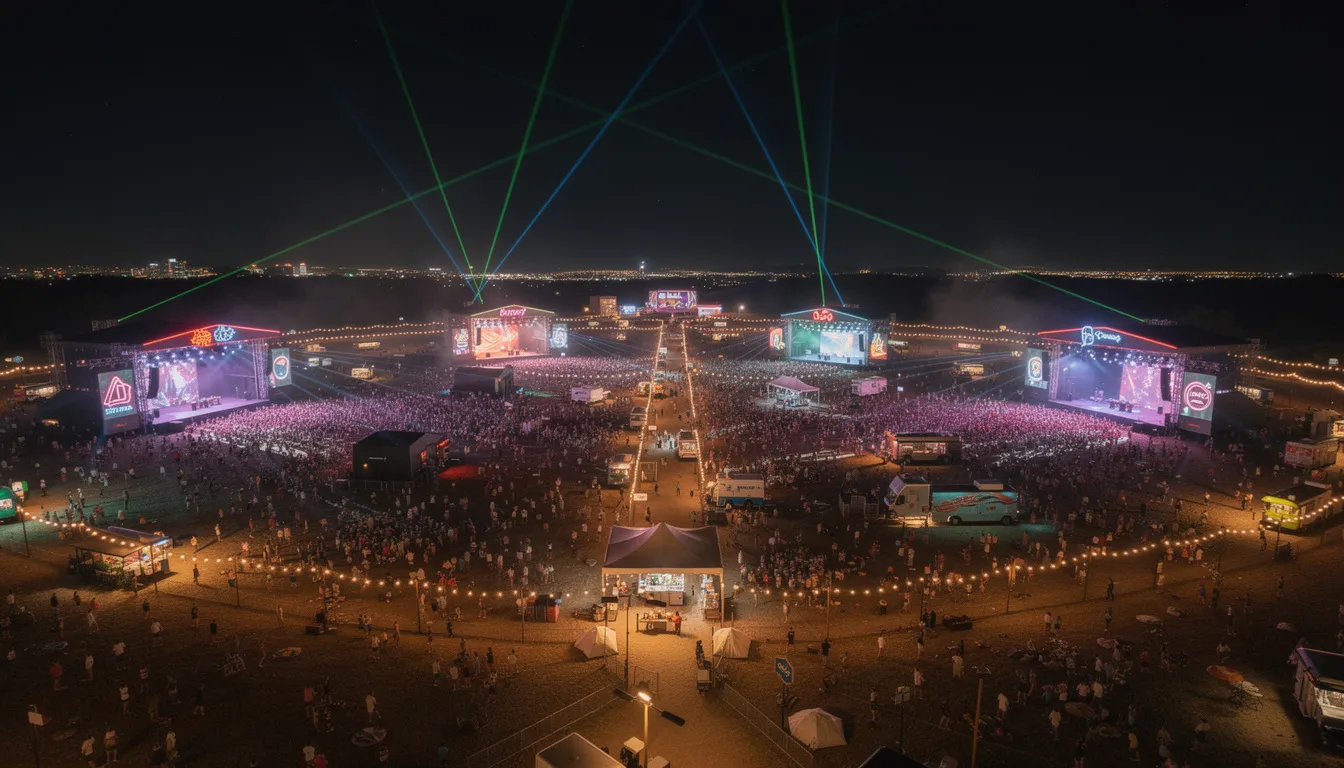The image captures a vibrant festival scene at night, showcasing multiple illuminated stages set against a wide landscape filled with enthusiastic festival goers dancing to the beats of electronic music. This immersive experience is a celebration of diverse electronic music genres, drawing music lovers from around the globe to enjoy the biggest rave in the world.