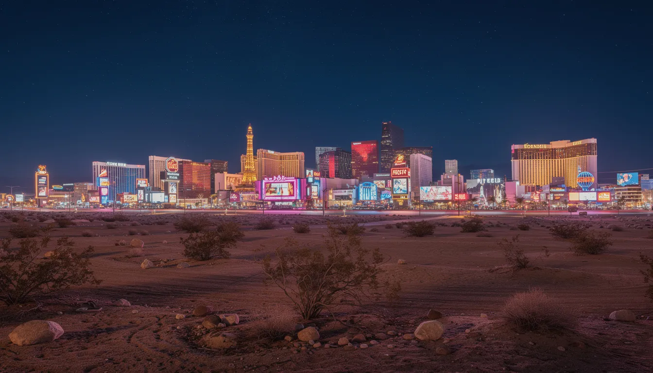 The image captures the vibrant Las Vegas skyline at night, illuminated by colorful neon lights against a backdrop of the desert landscape. This scene reflects the energetic atmosphere of events and festivals, often featuring renowned artists and music performances in iconic venues.