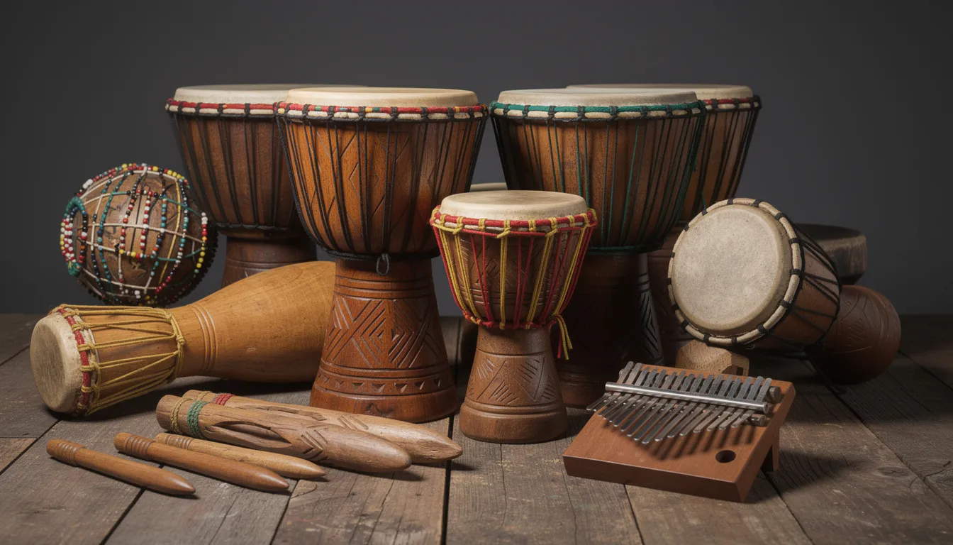 The image features traditional African percussion instruments, prominently displaying djembe drums, which are known for their rich, resonant sounds. These instruments play a significant role in various music genres, including afro house and electronic dance music, highlighting the cultural connections between traditional rhythms and modern house music styles.
