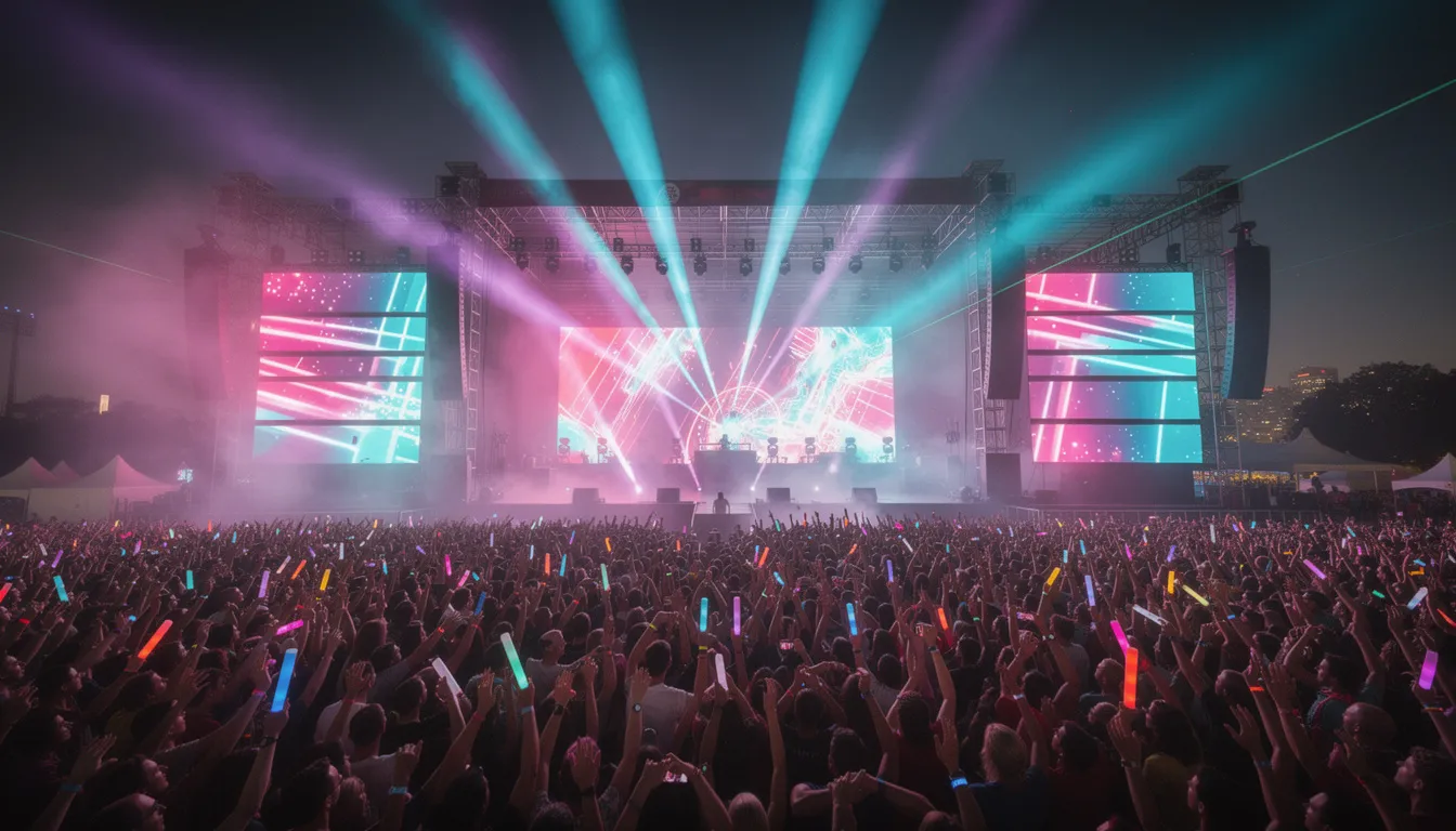 A massive crowd gathers at an outdoor EDM festival, illuminated by vibrant stage lights and lasers slicing through a thick layer of fog, creating an electrifying atmosphere. This lively event showcases various artists and draws music lovers from different venues, reminiscent of the exciting festivals held in places like Florida and Dallas.