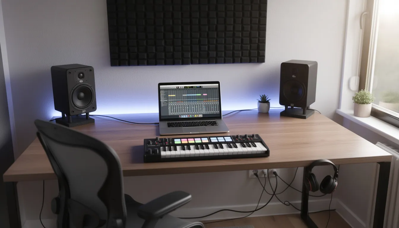 The image depicts a modern home studio setup featuring a sleek laptop, a MIDI keyboard, and studio monitors arranged neatly on a desk, ideal for producing electronic dance music and techno sounds. This creative space is designed for music enthusiasts to mix tracks and create their own music in a comfortable environment.