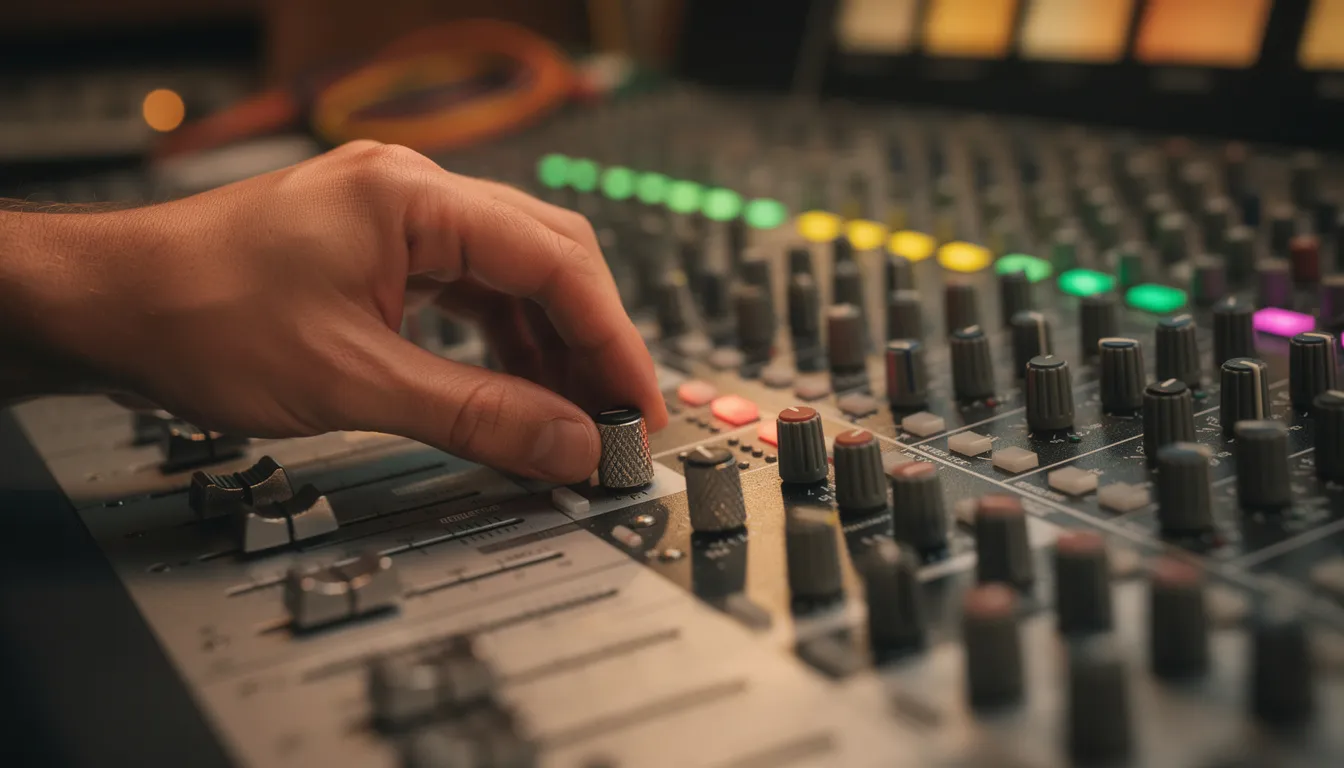 A close-up view of hands skillfully adjusting knobs on an audio mixing board, with glowing meters indicating the levels of sound. This scene captures the essence of electronic dance music production, highlighting the intricate work of a techno DJ as they create beats for a lively crowd.