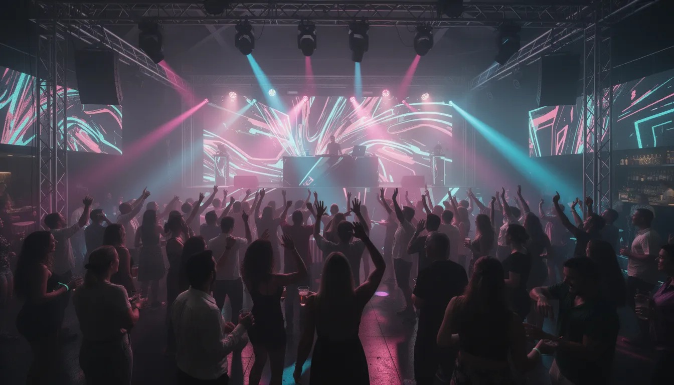 The image depicts the vibrant interior of a nightclub featuring a DJ booth surrounded by LED panels, with a lively crowd dancing under a dazzling array of colorful lights. This energetic scene captures the essence of music events and festivals, reminiscent of nightlife in places like Florida and Dallas.