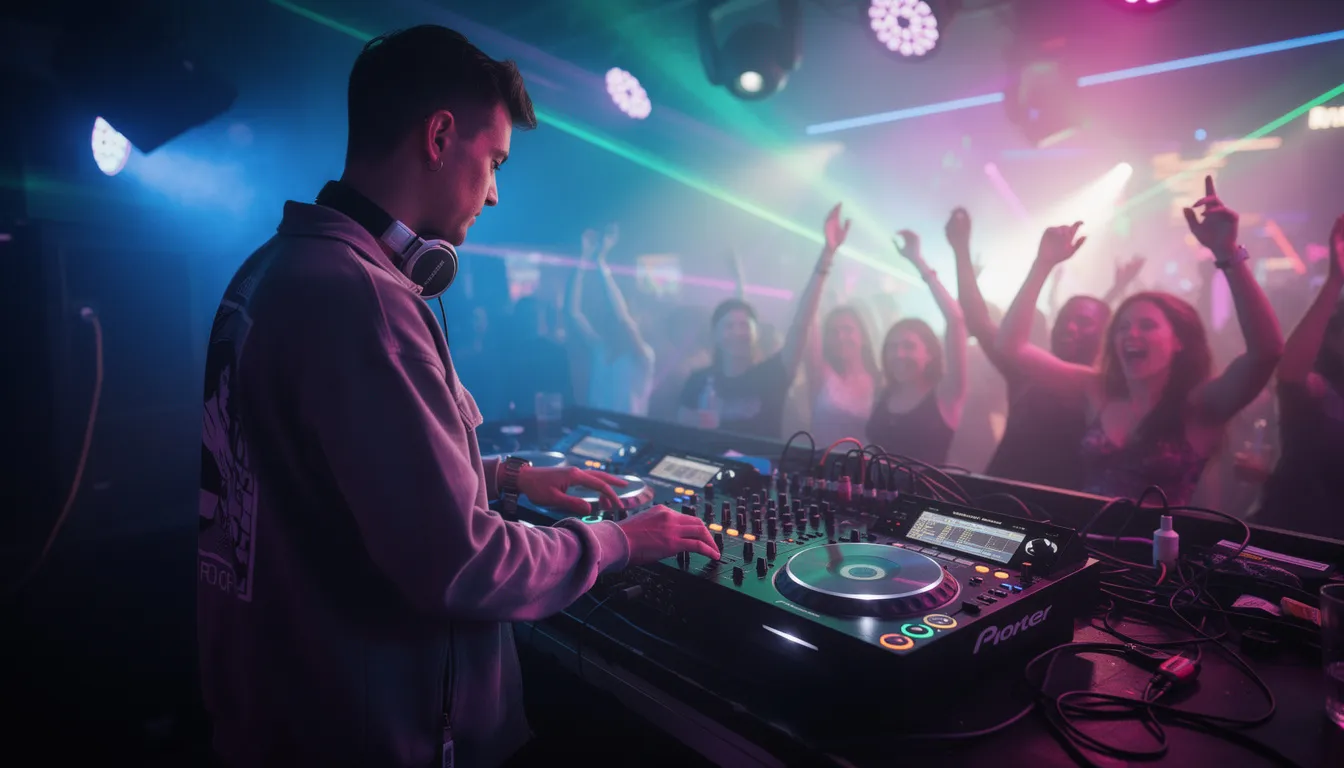 A DJ is energetically performing at a nightclub, surrounded by a vibrant crowd dancing to the beats of house music, illuminated by colorful lights. The atmosphere is alive with the sounds of electronic dance music, showcasing the rich diversity of house music subgenres like deep house and electro house.