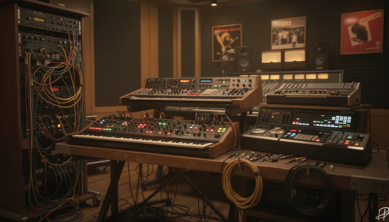 The image features a collection of vintage analog synthesizers and drum machines arranged in a recording studio, with various patch cables connecting the equipment, embodying the essence of electronic music production. This setup is reminiscent of the underground dance music scene, highlighting the tools used to create techno sounds and beats that have influenced genres like house and acid house.